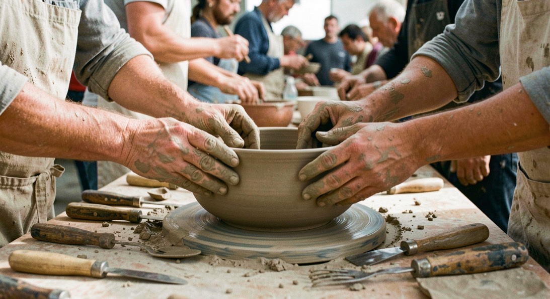Two pairs of clay-stained hands turning the same large bowl at a crowded worktable, tools laid out within easy reach of both