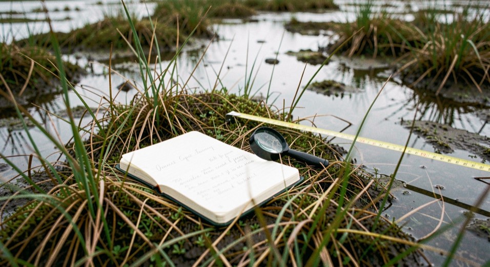 A field notebook and a hand lens resting on wet marsh grass at low tide, a measuring tape stretched over a shallow channel