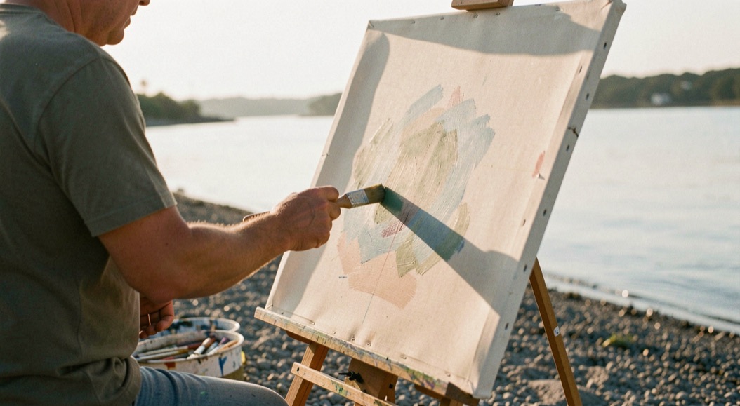 A painter at a field easel on a gravel beach, brushes in one hand, a half-finished canvas catching the low morning sun across quiet water