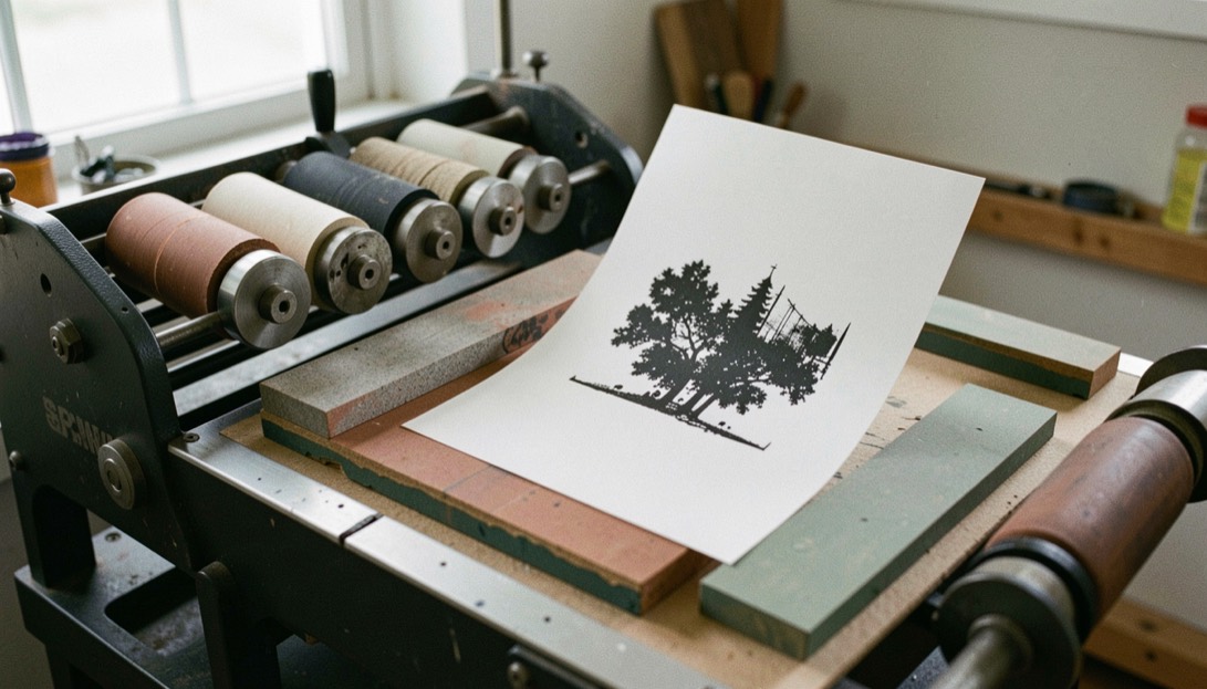 Ink rollers and cut linoleum blocks arranged on a proofing press, one white sheet lifted to show a crisp black impression