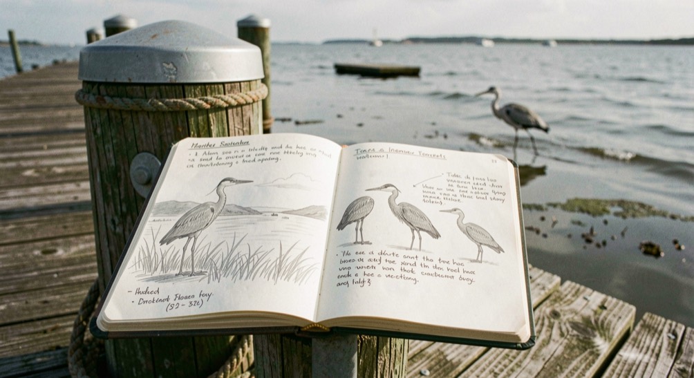 An open sketchbook on a dock bollard, pencil notes and tide figures in the margin, a heron working the shallows beyond