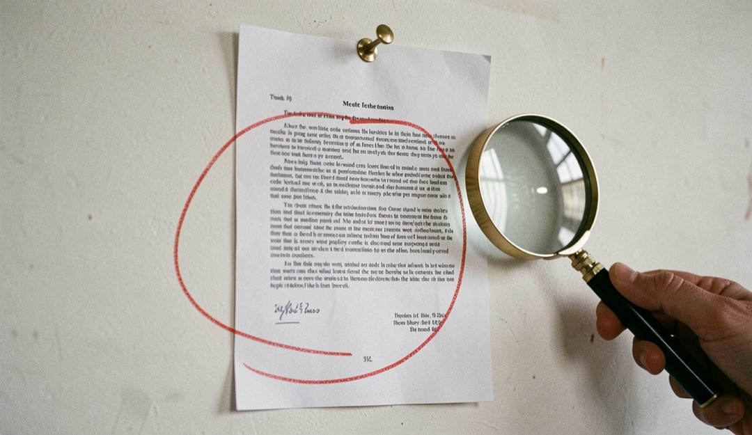 A page of printed proofs pinned to a studio wall, one impression circled in red pencil beside a magnifying glass