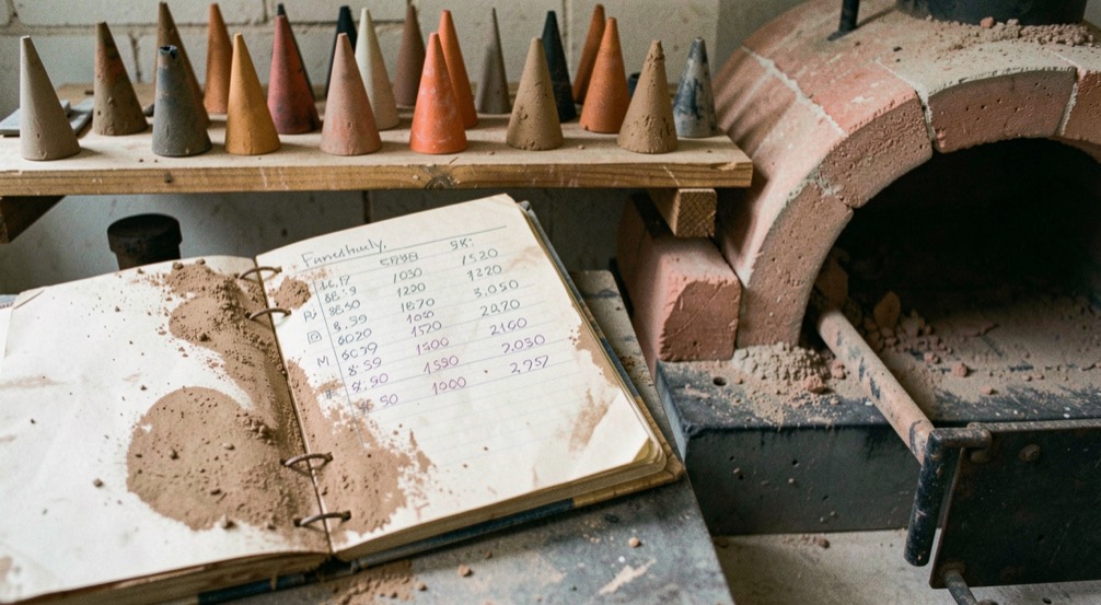 A clay-dusted notebook open beside a cooling kiln, pencil columns of temperatures and times, cones arranged on a shelf above
