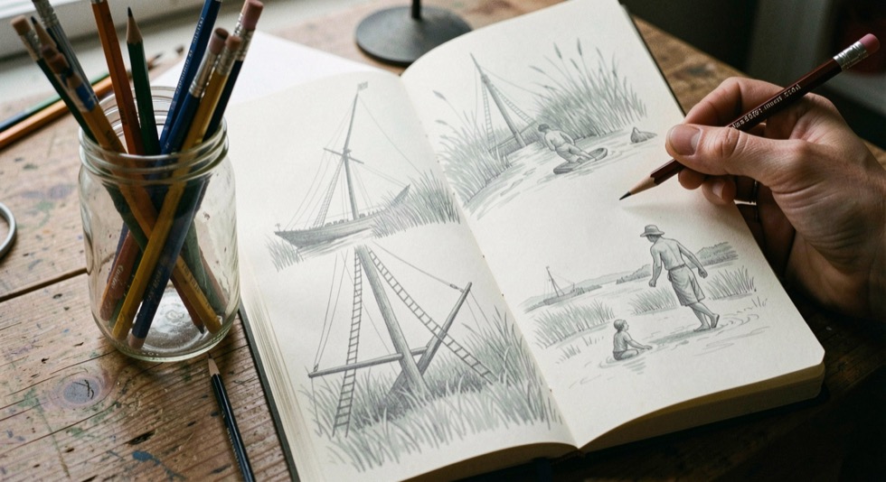 A sketchbook spread held open by a jar of pencils, quick graphite studies of rigging and marsh grass with tide figures penciled in the margin