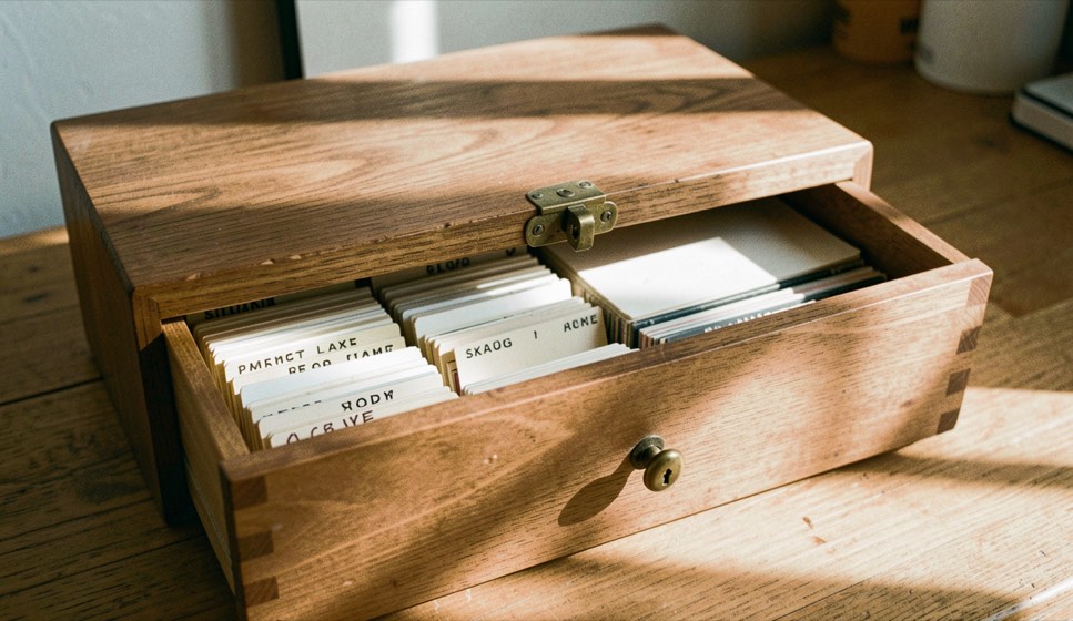 A closed wooden drawer of index cards and studio records with a small brass lock, afternoon light crossing the grain