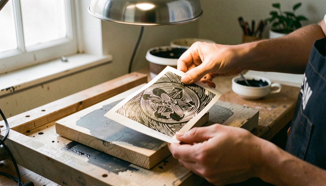Both hands lifting a fresh proof from an inked linoleum block on a small press bed, black ink glistening under a work lamp
