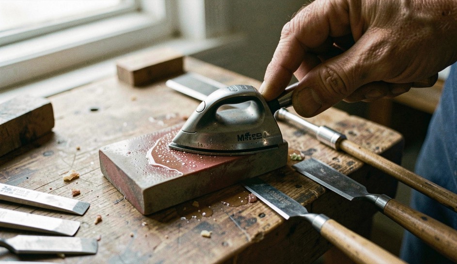 A plane iron drawn across a wet whetstone at a bench corner, water beading on the stone, chisels lined up within reach of the vice