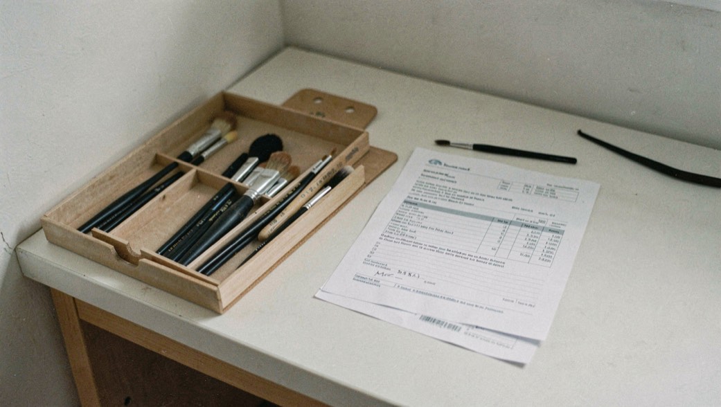 A clean workbench corner with a boxed set of brushes beside a plainly labeled invoice, no brand mark visible anywhere
