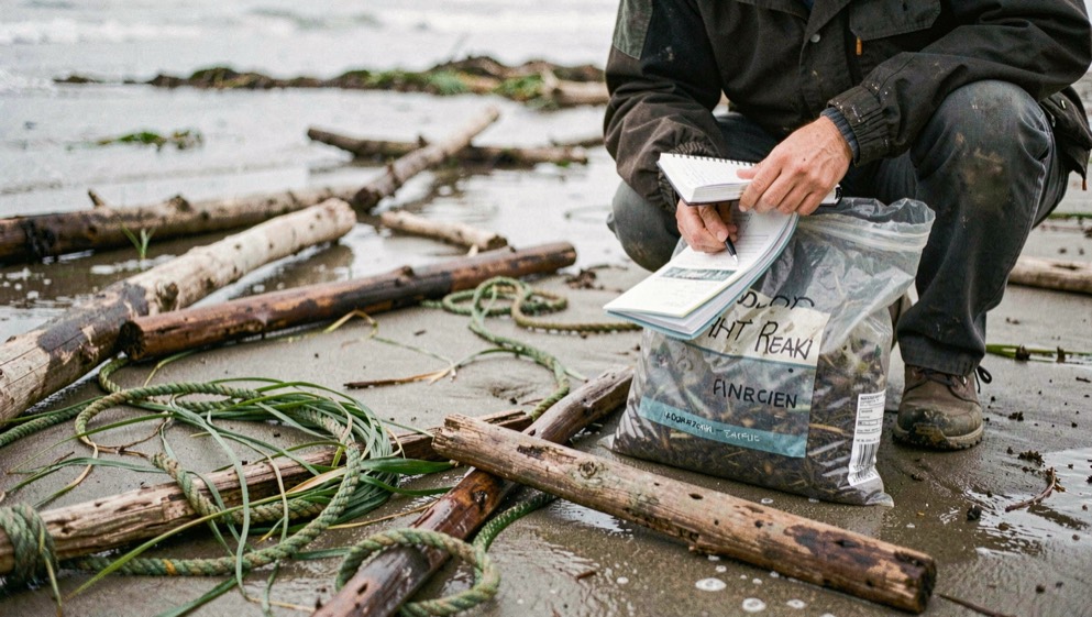 A researcher crouched at the wrack line with a labeled sample bag and notebook, eelgrass ropes and driftwood planks strewn across wet sand