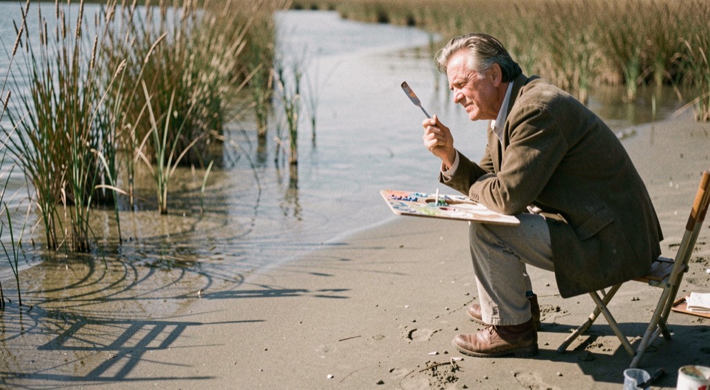A painter squinting at low water from a folding stool, palette knife raised, long shadows of marsh grass striping the wet sand